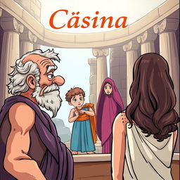 A comical scene set in an ancient Greek theater, featuring a decrepit old Greek man gazing with desire at a beautiful young Greek woman, who is seen from the back