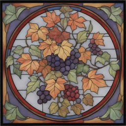 A stained glass design presenting delicate autumn themes with the plethora of vibrant colors. It features twirling ivy motifs and clusters of juicy grapes.