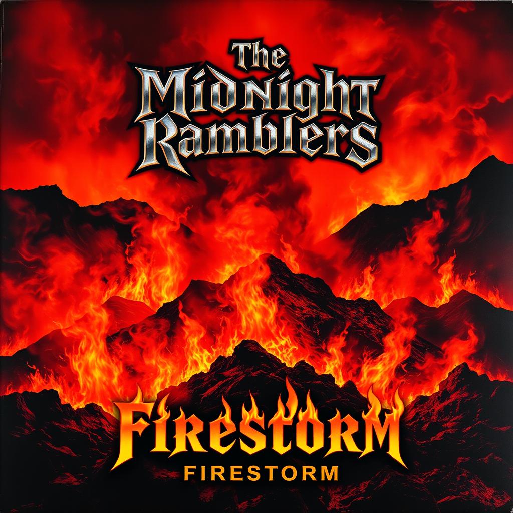 A dramatic album cover depicting a raging wildfire engulfing a rocky landscape, with flames and smoke artfully swirling around to create a vivid image