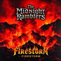 A dramatic album cover depicting a raging wildfire engulfing a rocky landscape, with flames and smoke artfully swirling around to create a vivid image