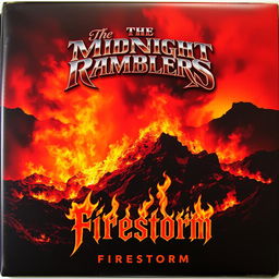 A dramatic album cover depicting a raging wildfire engulfing a rocky landscape, with flames and smoke artfully swirling around to create a vivid image