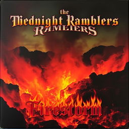 A dramatic album cover depicting a raging wildfire engulfing a rocky landscape, with flames and smoke artfully swirling around to create a vivid image