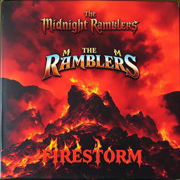 A dramatic album cover depicting a raging wildfire engulfing a rocky landscape, with flames and smoke artfully swirling around to create a vivid image