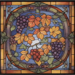 A stained glass design presenting delicate autumn themes with the plethora of vibrant colors. It features twirling ivy motifs and clusters of juicy grapes.