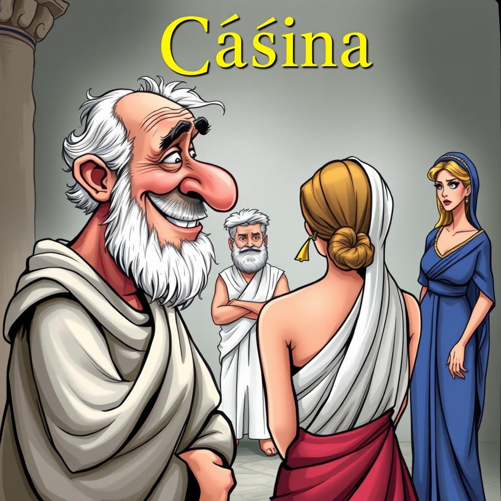 A Greek comedy in a caricature style, depicting a lecherous old Greek man gazing lustfully and with a smile at a young and beautiful Greek woman, who is shown from the back