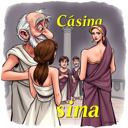 A Greek comedy in a caricature style, depicting a lecherous old Greek man gazing lustfully and with a smile at a young and beautiful Greek woman, who is shown from the back