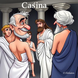 A Greek comedy in a caricature style, depicting a lecherous old Greek man gazing lustfully and with a smile at a young and beautiful Greek woman, who is shown from the back