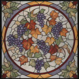 A stained glass design presenting delicate autumn themes with the plethora of vibrant colors. It features twirling ivy motifs and clusters of juicy grapes.