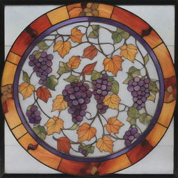 A stained glass design presenting delicate autumn themes with the plethora of vibrant colors. It features twirling ivy motifs and clusters of juicy grapes.