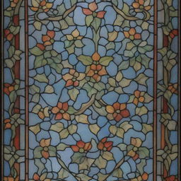 An elongated, delicate stained glass design bursting with color. It is richly detailed with swirling ivy motifs.