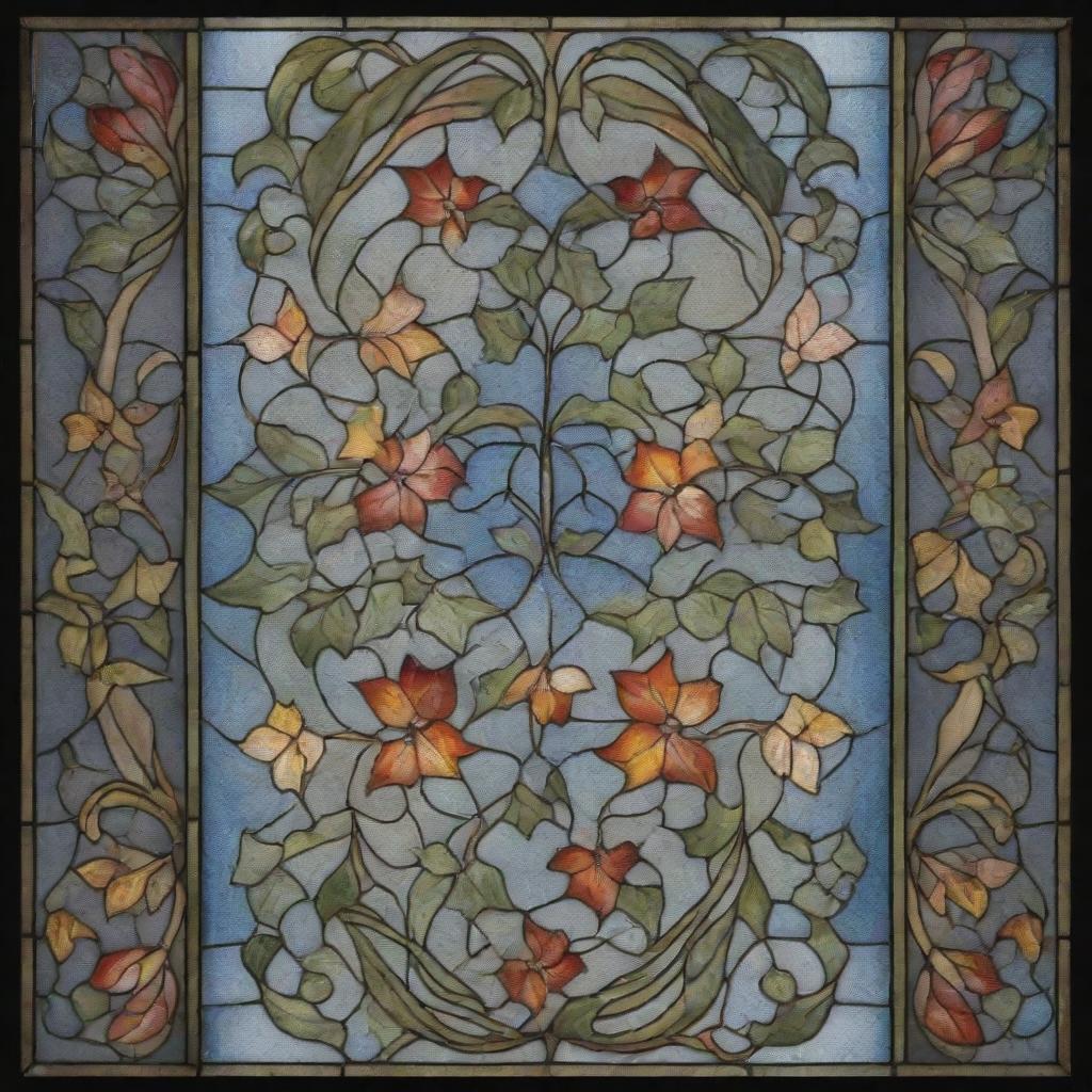 An elongated, delicate stained glass design bursting with color. It is richly detailed with swirling ivy motifs.