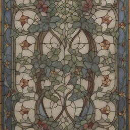 An elongated, delicate stained glass design bursting with color. It is richly detailed with swirling ivy motifs.