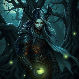 A mysterious rogue Changeling, with shifting facial features and changing attire, lurking in a dark forest