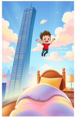 An artistic illustration titled 'El Sueño en Mi Libreta': a boy falling from a tall building directly towards his bed, with a dreamy and whimsical atmosphere