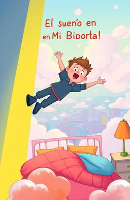 An artistic illustration titled 'El Sueño en Mi Libreta': a boy falling from a tall building directly towards his bed, with a dreamy and whimsical atmosphere