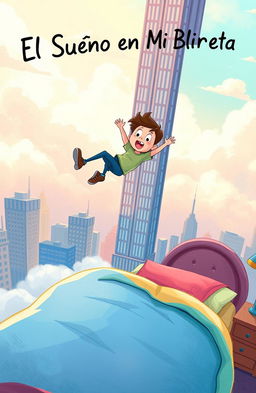 An artistic illustration titled 'El Sueño en Mi Libreta': a boy falling from a tall building directly towards his bed, with a dreamy and whimsical atmosphere