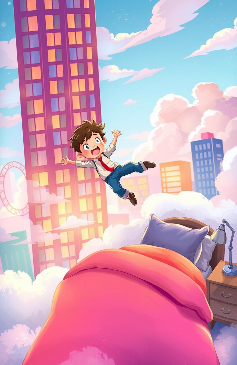 An artistic illustration titled 'El Sueño en Mi Libreta': a boy falling from a tall building directly towards his bed, with a dreamy and whimsical atmosphere