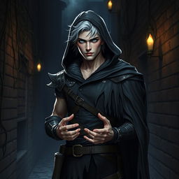 A male rogue Changeling, identified as the Outcast Shapeshifter, standing in a shadowy alleyway