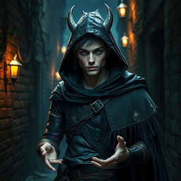 A male rogue Changeling, identified as the Outcast Shapeshifter, standing in a shadowy alleyway