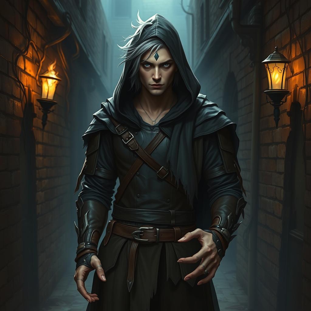 A male rogue Changeling, identified as the Outcast Shapeshifter, standing in a shadowy alleyway