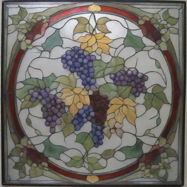 A stretched out, delicate stained glass design filled with an array of colors. This exquisite design features detailed ivy motifs and luscious clusters of grapes.