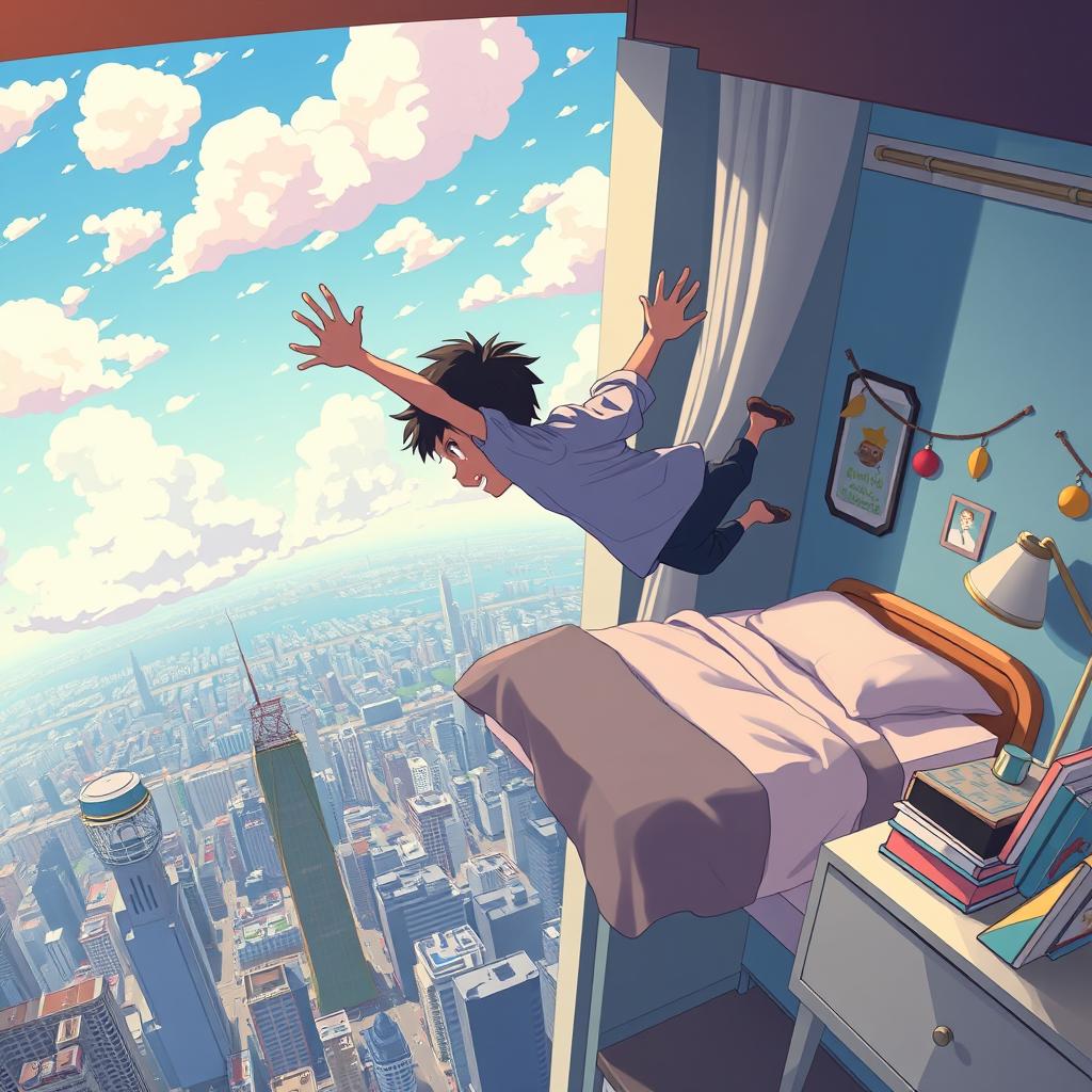 Anime style illustration titled "El sueño en mi libreta" depicting a boy falling from a tall building towards his bed