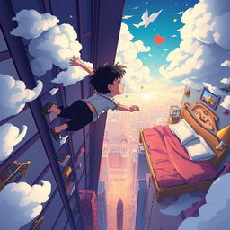 Anime style illustration titled "El sueño en mi libreta" depicting a boy falling from a tall building towards his bed