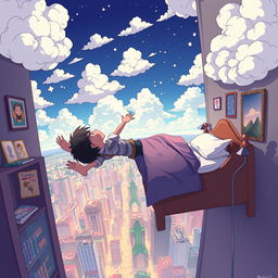 Anime style illustration titled "El sueño en mi libreta" depicting a boy falling from a tall building towards his bed