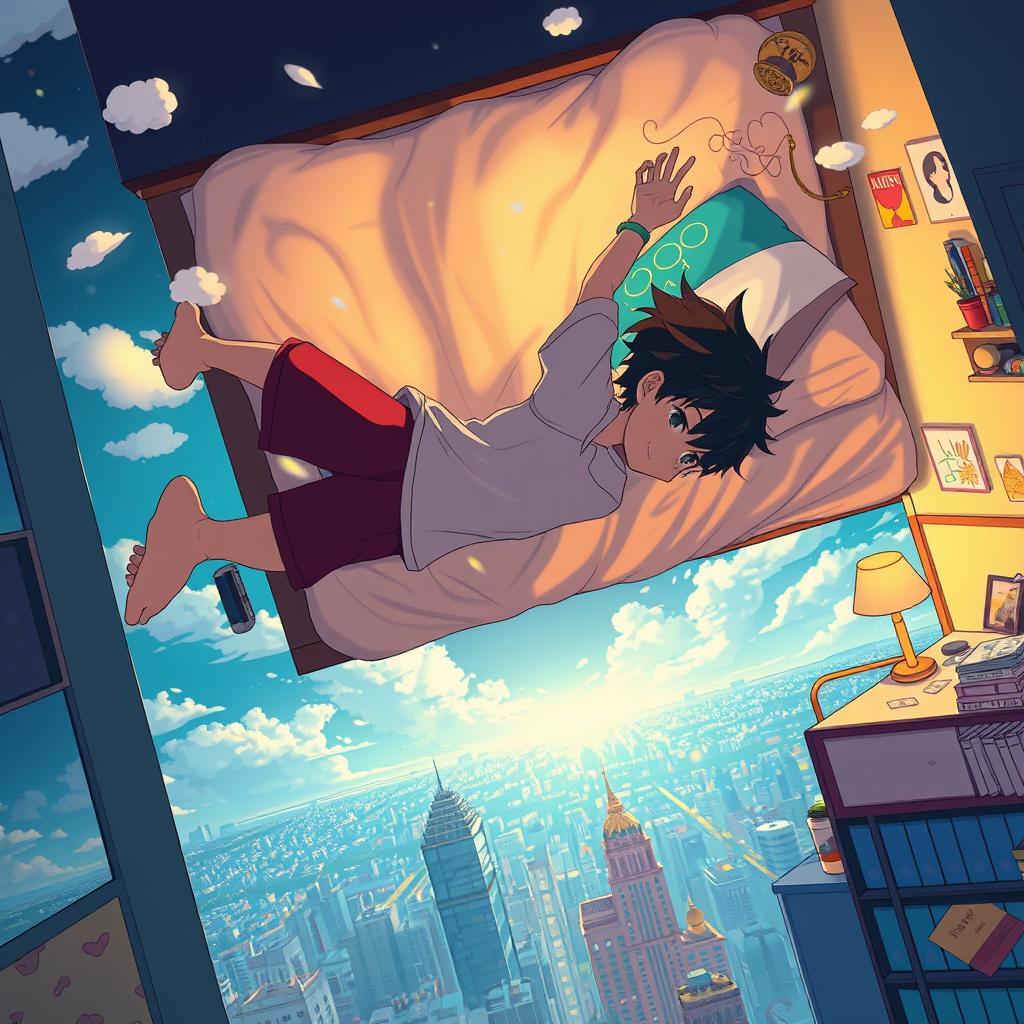 Anime style illustration titled "El sueño en mi libreta" depicting a boy falling from a tall building towards his bed