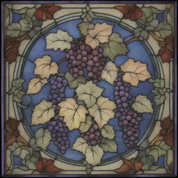 A stretched out, delicate stained glass design filled with an array of colors. This exquisite design features detailed ivy motifs and luscious clusters of grapes.