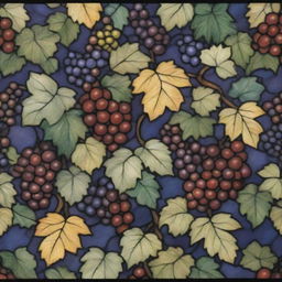 A stretched out, delicate stained glass design filled with an array of colors. This exquisite design features detailed ivy motifs and luscious clusters of grapes.