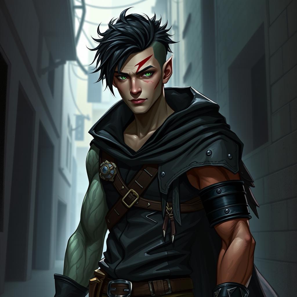 A male rogue Changeling, known as the Outcast Shapeshifter, stands in a shadowy urban environment