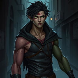 A male rogue Changeling, known as the Outcast Shapeshifter, stands in a shadowy urban environment