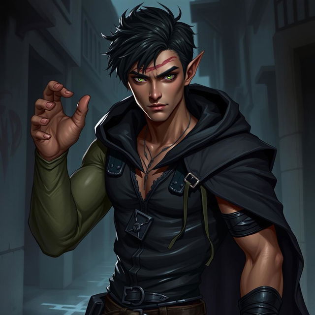 A male rogue Changeling, known as the Outcast Shapeshifter, stands in a shadowy urban environment