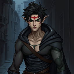 A male rogue Changeling, known as the Outcast Shapeshifter, stands in a shadowy urban environment