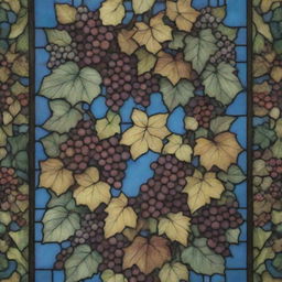 A stretched out, delicate stained glass design filled with an array of colors. This exquisite design features detailed ivy motifs and luscious clusters of grapes.