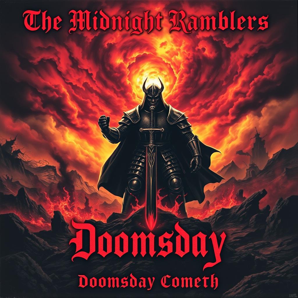 A striking cover art depicting a dark, apocalyptic landscape under a fiery sky, featuring a looming figure clad in armor, wielding a sword with a fierce expression