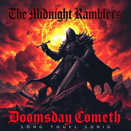 A striking cover art depicting a dark, apocalyptic landscape under a fiery sky, featuring a looming figure clad in armor, wielding a sword with a fierce expression