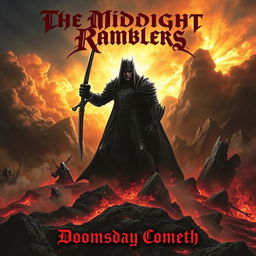 A striking cover art depicting a dark, apocalyptic landscape under a fiery sky, featuring a looming figure clad in armor, wielding a sword with a fierce expression