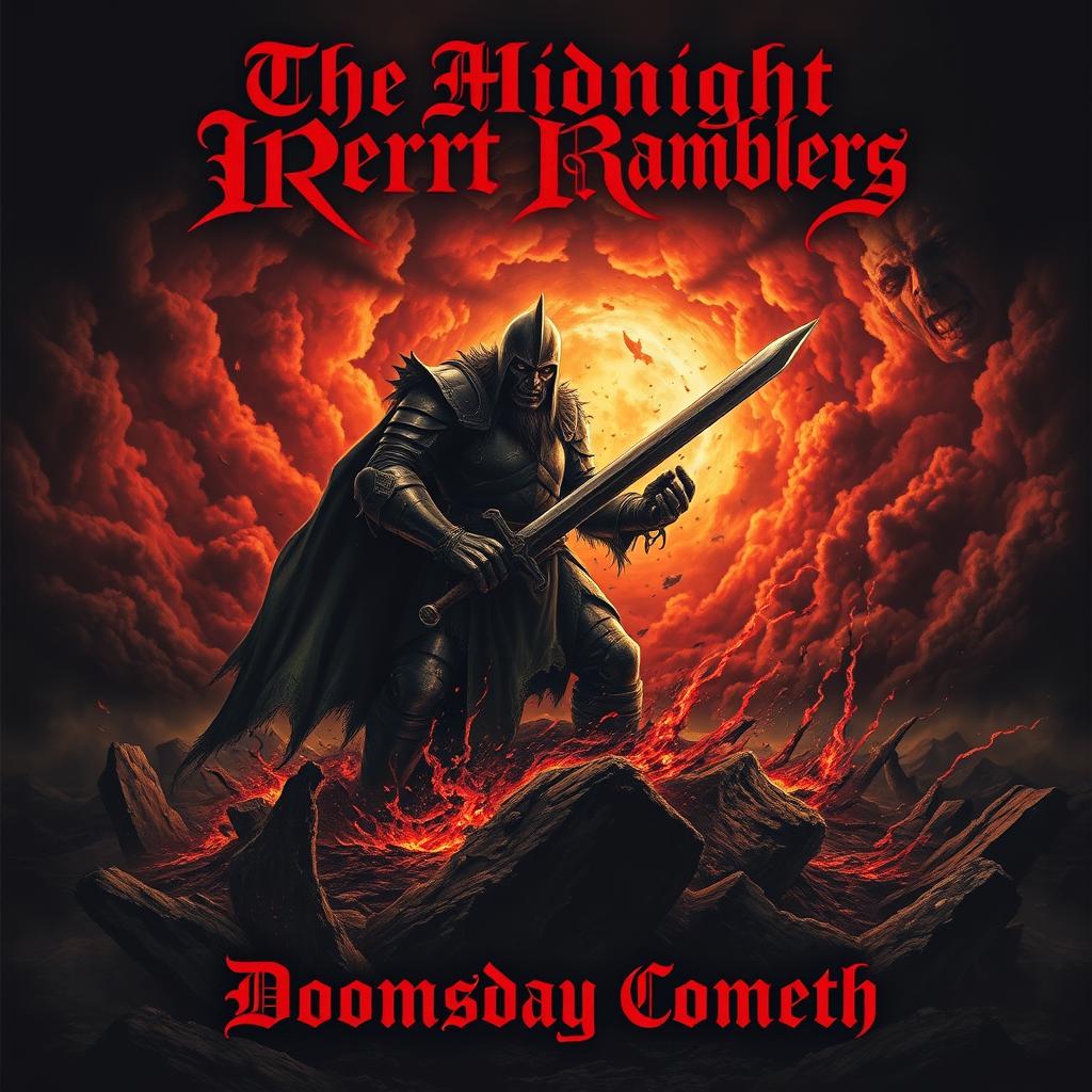 A striking cover art depicting a dark, apocalyptic landscape under a fiery sky, featuring a looming figure clad in armor, wielding a sword with a fierce expression