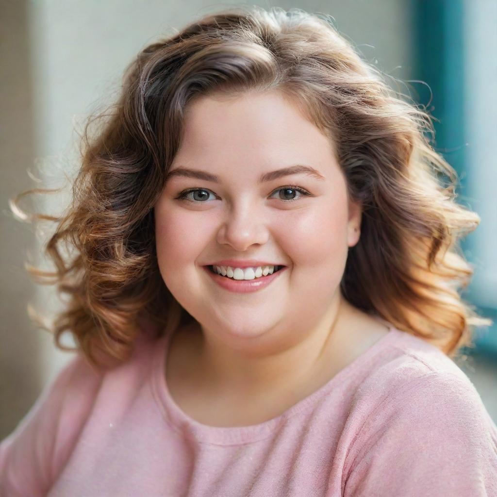 A delightful image of a plump, cheerful girl with sparkling eyes and a beaming smile. She's dressed in bright, comfortable clothing, her hair styled in a playful fashion.