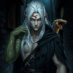 A male rogue Changeling, known as the Outcast Shapeshifter, stands in a dimly lit alley