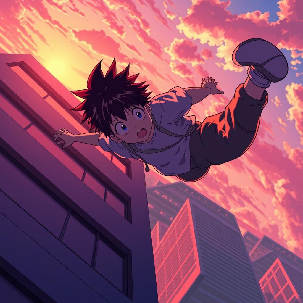 An anime-style scene depicting a teenager falling backward from the edge of a tall building, with a dramatic sunset in the background