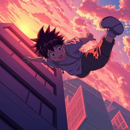 An anime-style scene depicting a teenager falling backward from the edge of a tall building, with a dramatic sunset in the background