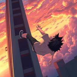 An anime-style scene depicting a teenager falling backward from the edge of a tall building, with a dramatic sunset in the background