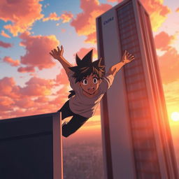 An anime-style scene depicting a teenager falling backward from the edge of a tall building, with a dramatic sunset in the background