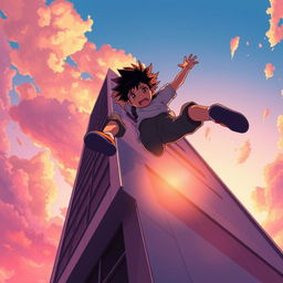 An anime-style scene depicting a teenager falling backward from the edge of a tall building, with a dramatic sunset in the background