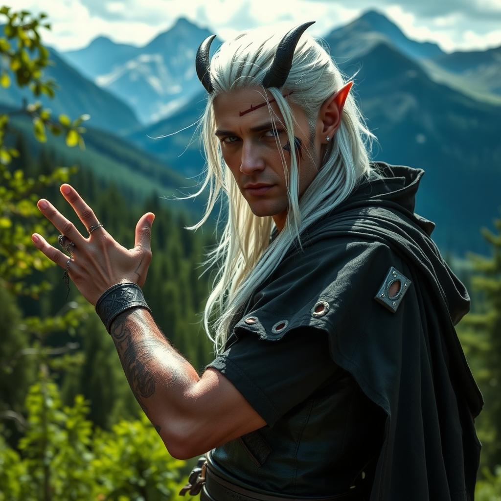 A male rogue Changeling, known as the Outcast Shapeshifter, is positioned in a breathtaking natural setting featuring lush green forests and majestic mountains in the background