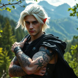 A male rogue Changeling, known as the Outcast Shapeshifter, is positioned in a breathtaking natural setting featuring lush green forests and majestic mountains in the background