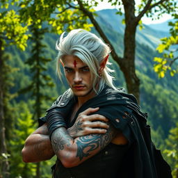 A male rogue Changeling, known as the Outcast Shapeshifter, is positioned in a breathtaking natural setting featuring lush green forests and majestic mountains in the background